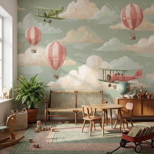 Sıcak Hava Balonlu Poster Duvar Kağıdı Pastel Yeşil Çocuk Odası