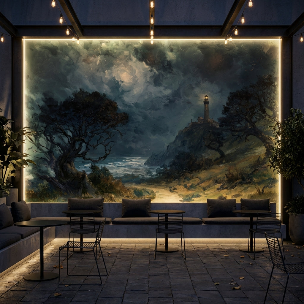 Fenerli Deniz Manzarası Poster Duvar Kağıdı Lacivert Yeşil Salon
