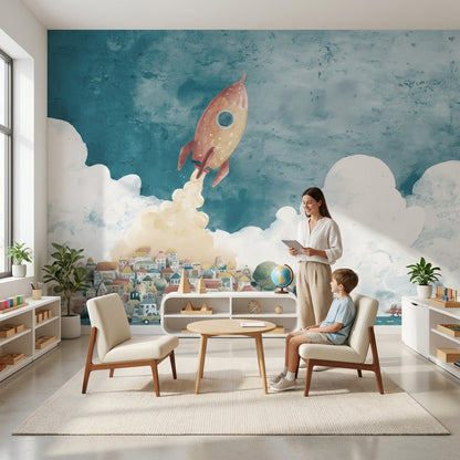 Roket ve Bulutlu Poster Duvar Kağıdı Çocuk Odası Mavi