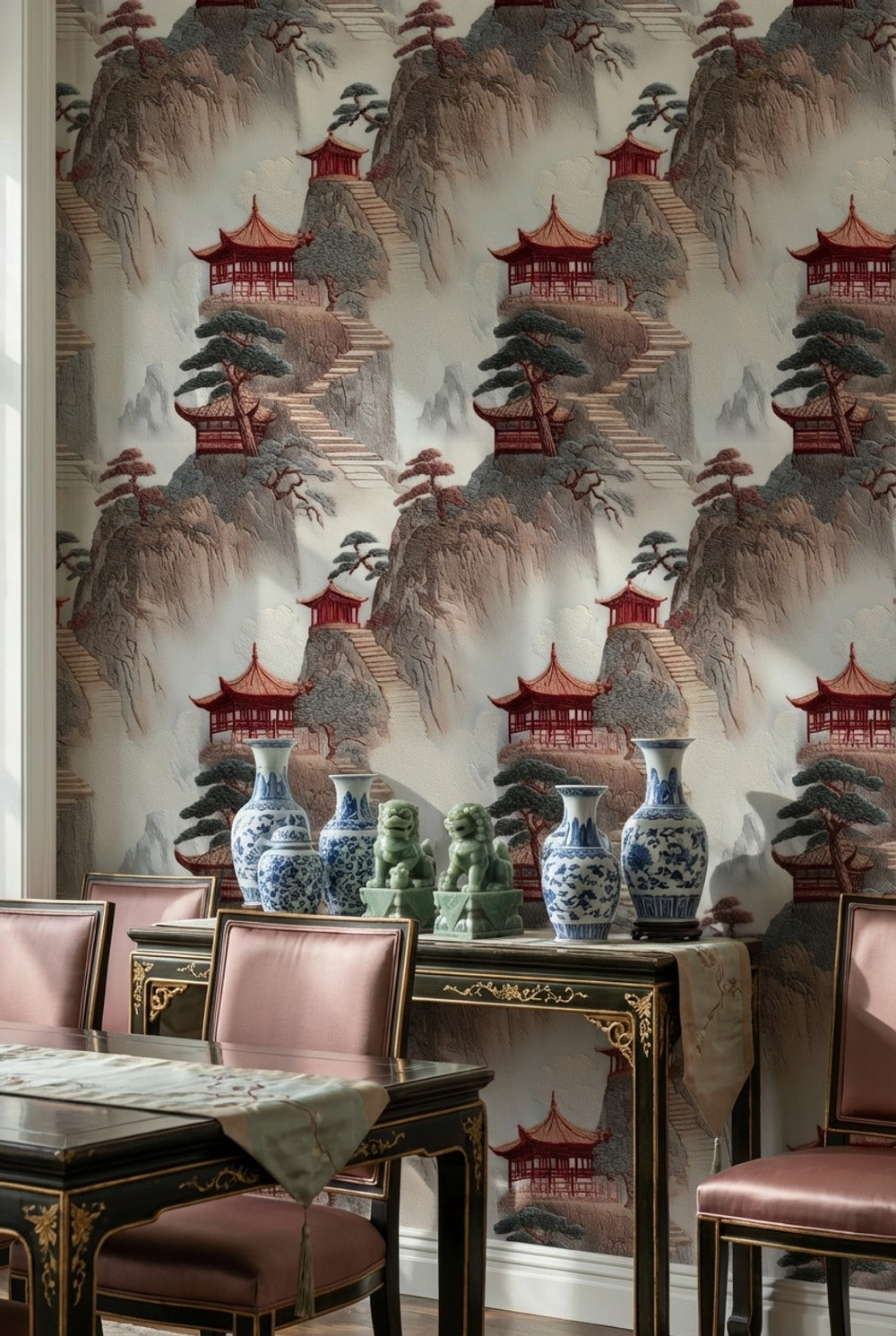 Uzak Doğu Pagoda Manzaralı Duvar Kağıdı Bej Kırmızı Salon