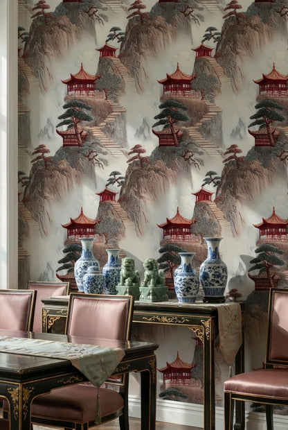 Uzak Doğu Pagoda Manzaralı Duvar Kağıdı Bej Kırmızı Salon