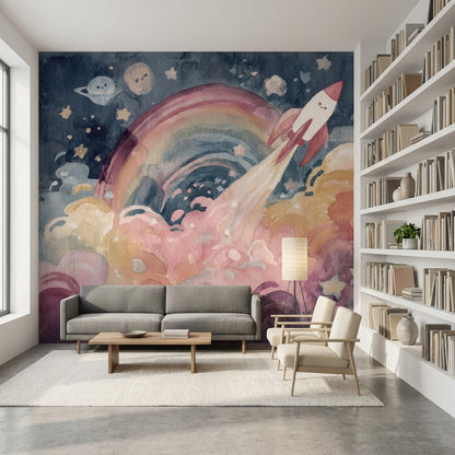 Roket ve Gökkuşağı Poster Duvar Kağıdı Pastel Çocuk Odası