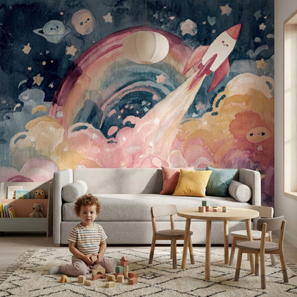 Roket ve Gökkuşağı Poster Duvar Kağıdı Pastel Çocuk Odası