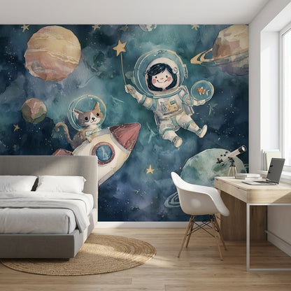 Astronot ve Gezegenli Poster Duvar Kağıdı Lacivert Çocuk Odası