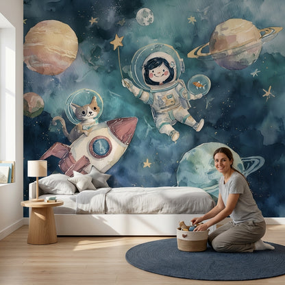 Astronot ve Gezegenli Poster Duvar Kağıdı Lacivert Çocuk Odası