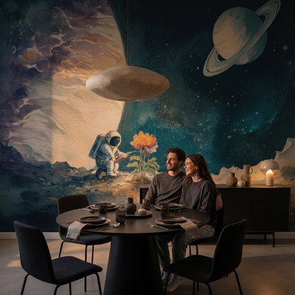 Astronot ve Gezegen Poster Duvar Kağıdı Çocuk Odası Mavi