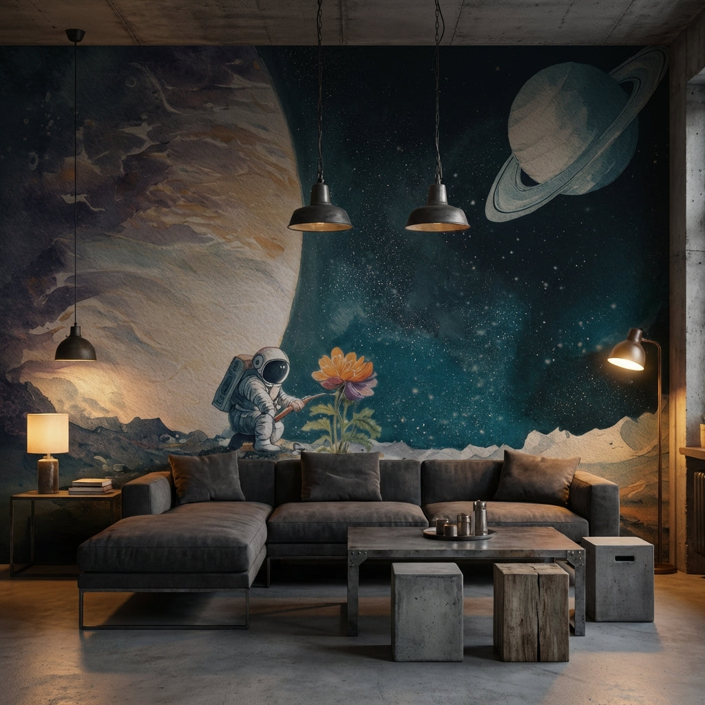 Astronot ve Gezegen Poster Duvar Kağıdı Çocuk Odası Mavi