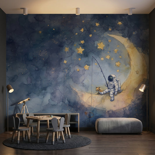 Astronotlu Ay ve Yıldızlı Poster Duvar Kağıdı Çocuk Odası