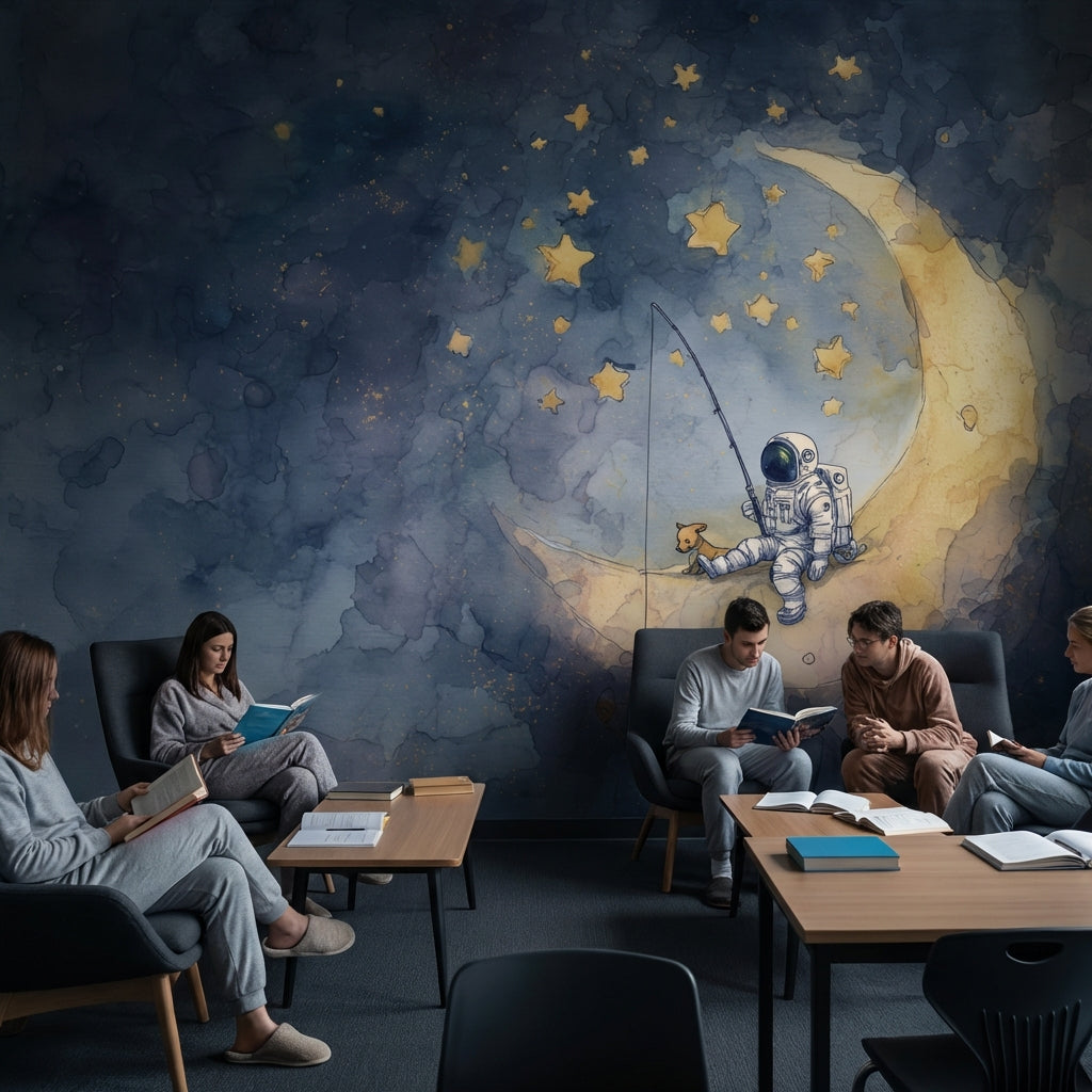 Astronotlu Ay ve Yıldızlı Poster Duvar Kağıdı Çocuk Odası