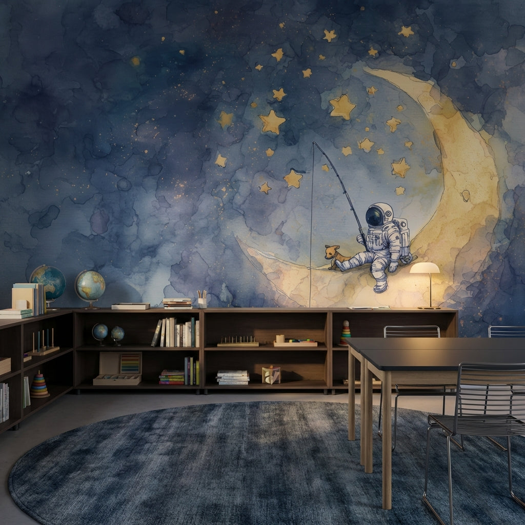 Astronotlu Ay ve Yıldızlı Poster Duvar Kağıdı Çocuk Odası