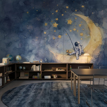 Astronotlu Ay ve Yıldızlı Poster Duvar Kağıdı Çocuk Odası