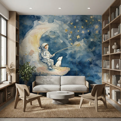 Astronot ve Ay Poster Duvar Kağıdı Lacivert Çocuk Odası