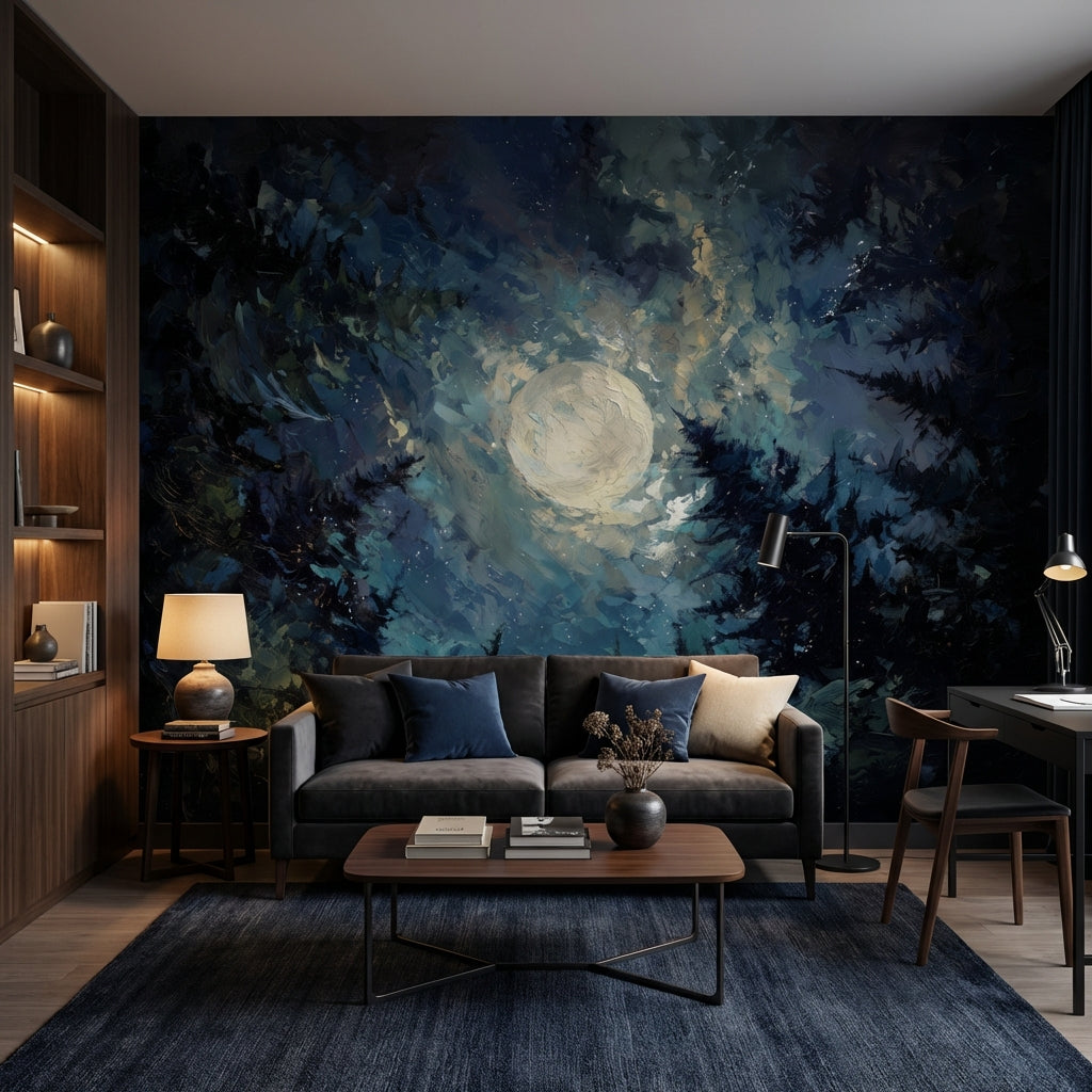 Soyut Ay Işığı Poster Duvar Kağıdı Lacivert Gece Tonları Salon