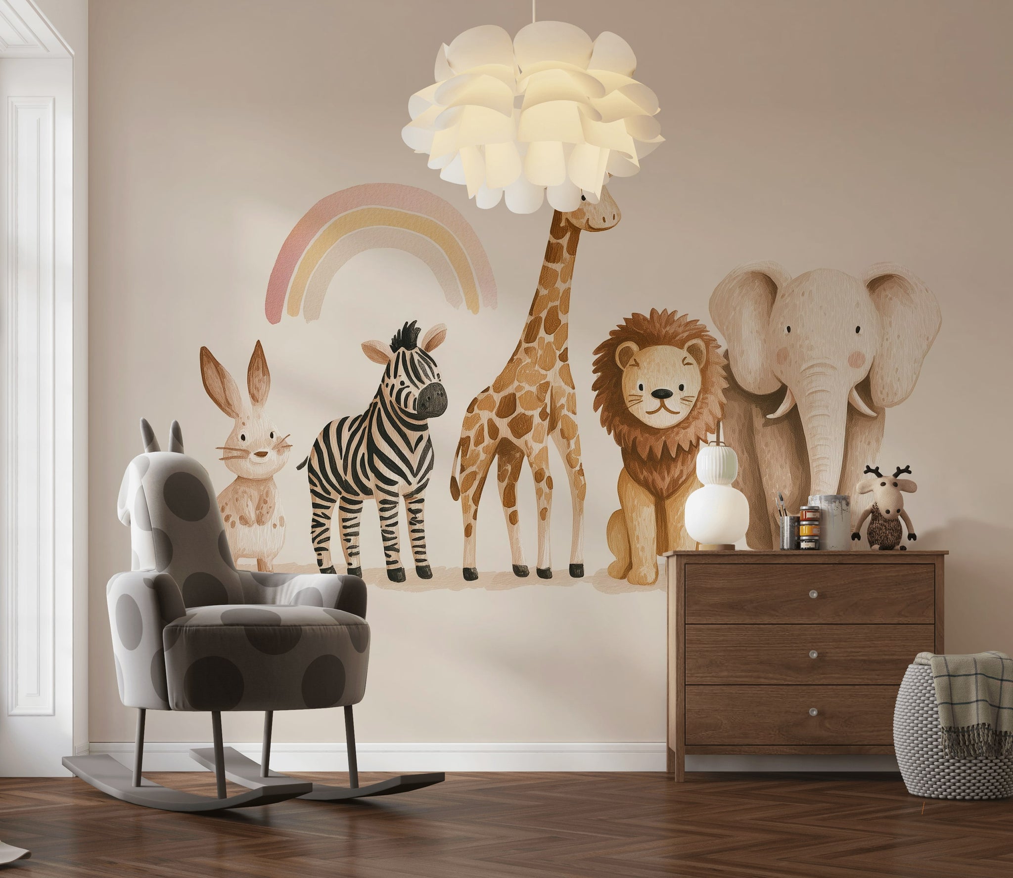 Safari Hayvanlı Poster Duvar Kağıdı Pastel Çocuk Odası Desenli
