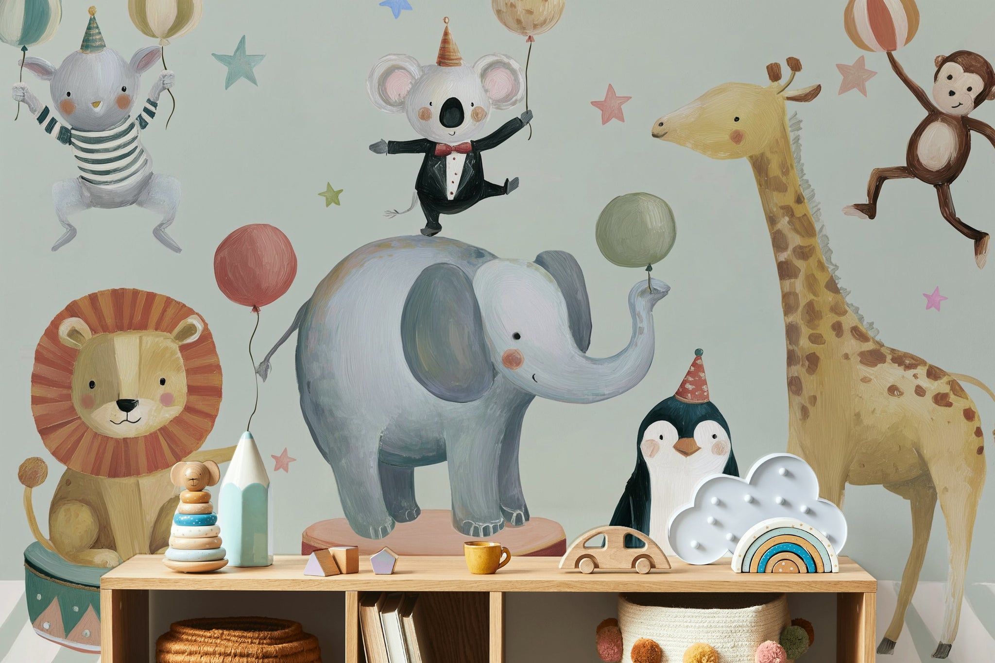Sirk Hayvanları Poster Duvar Kağıdı Pastel Çocuk Odası Desenli