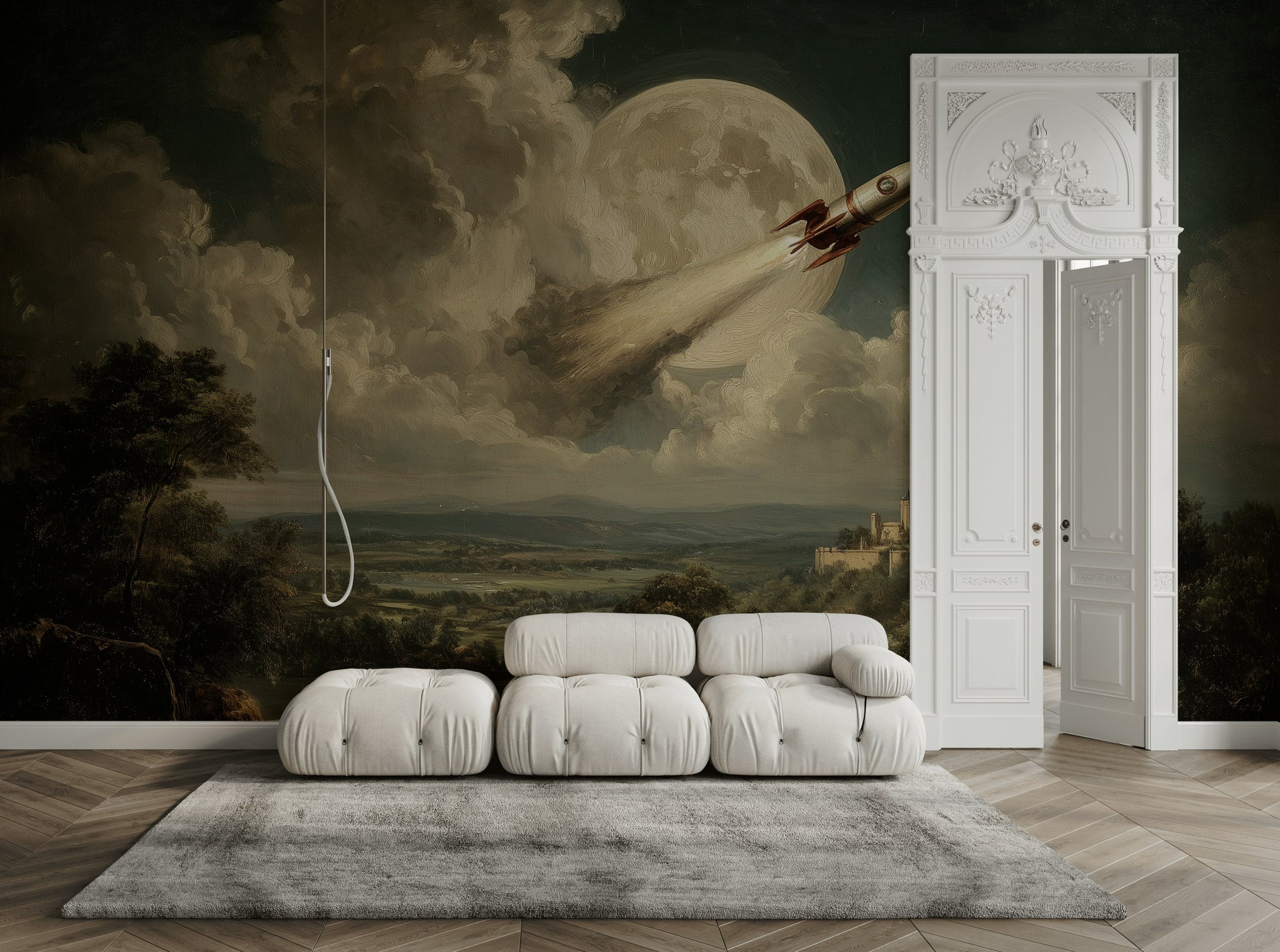 Roket ve Dolunaylı Poster Duvar Kağıdı Fantastik Manzara Salon