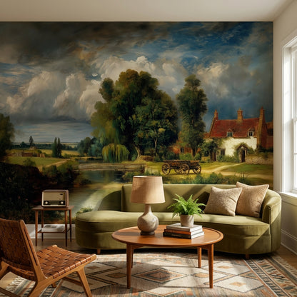 Kır Evi Manzaralı Poster Duvar Kağıdı Bulutlu Gökyüzü Salon
