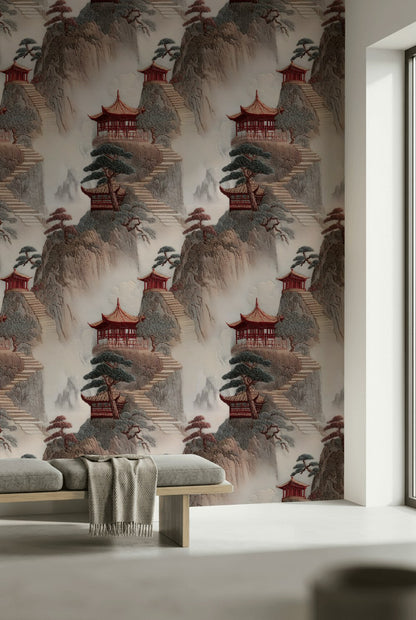 Uzak Doğu Pagoda Manzaralı Duvar Kağıdı Bej Kırmızı Salon