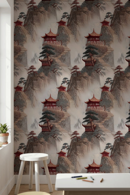 Uzak Doğu Pagoda Manzaralı Duvar Kağıdı Bej Kırmızı Salon