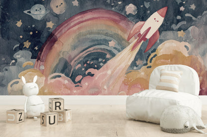 Roket ve Gökkuşağı Poster Duvar Kağıdı Pastel Çocuk Odası