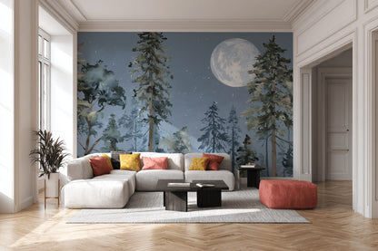 Ay Işığında Çam Ormanı Poster Duvar Kağıdı Gece Manzarası
