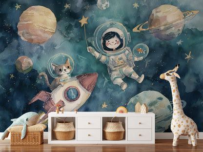 Astronot ve Gezegenli Poster Duvar Kağıdı Lacivert Çocuk Odası