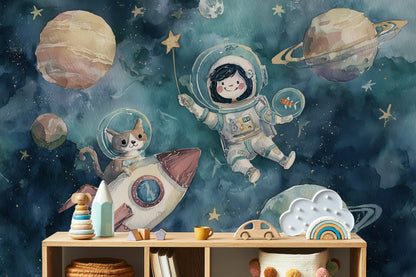 Astronot ve Gezegenli Poster Duvar Kağıdı Lacivert Çocuk Odası