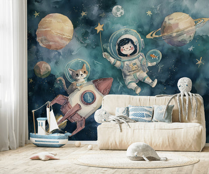 Astronot ve Gezegenli Poster Duvar Kağıdı Lacivert Çocuk Odası