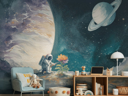 Astronot ve Gezegen Poster Duvar Kağıdı Çocuk Odası Mavi