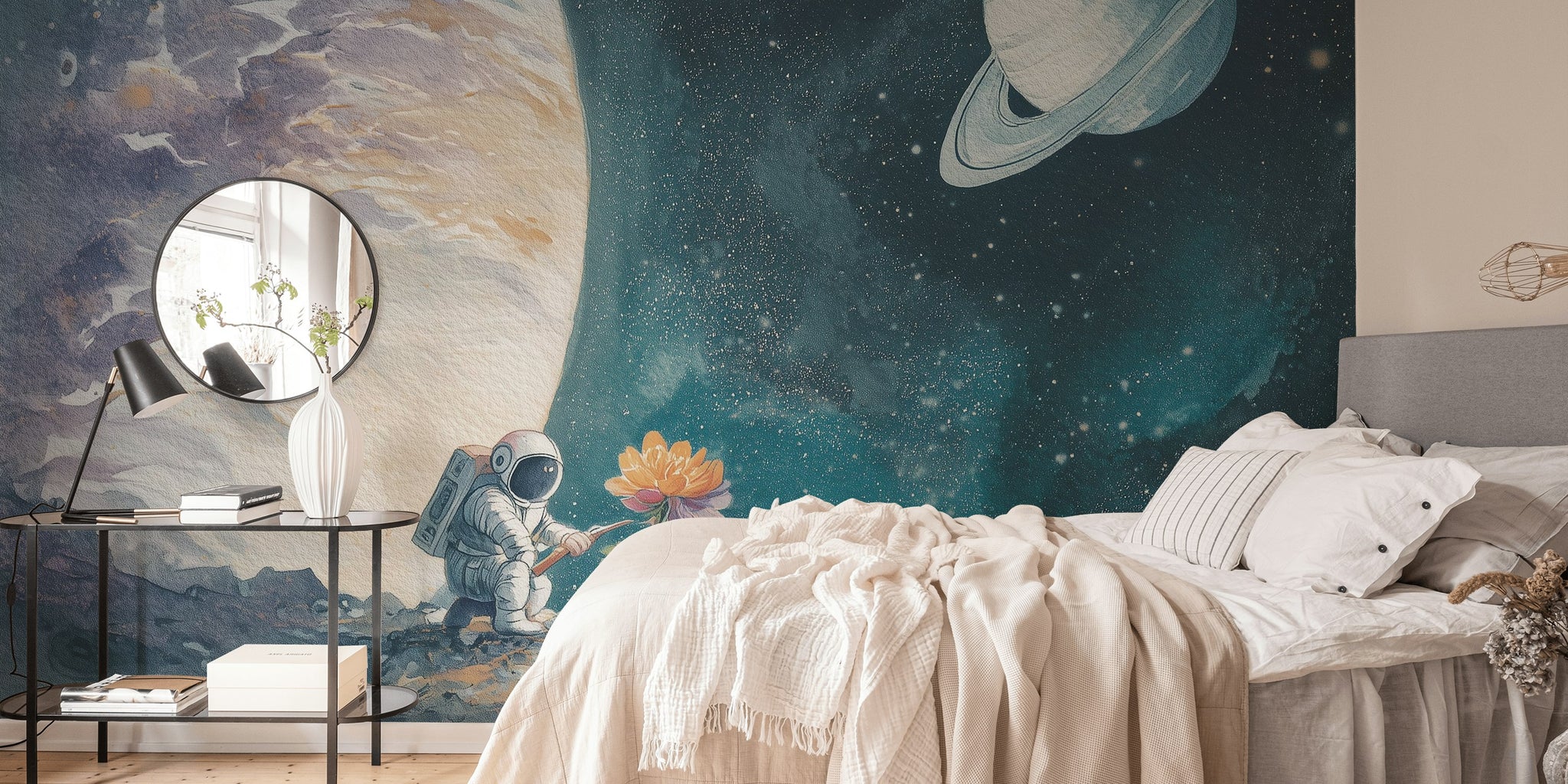 Astronot ve Gezegen Poster Duvar Kağıdı Çocuk Odası Mavi