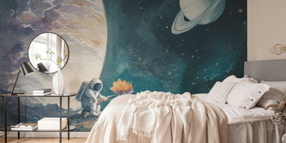 Astronot ve Gezegen Poster Duvar Kağıdı Çocuk Odası Mavi