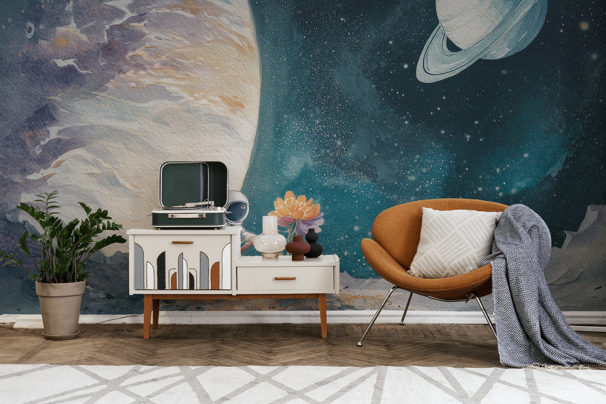 Astronot ve Gezegen Poster Duvar Kağıdı Çocuk Odası Mavi