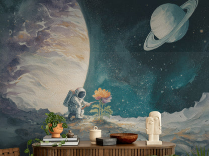 Astronot ve Gezegen Poster Duvar Kağıdı Çocuk Odası Mavi