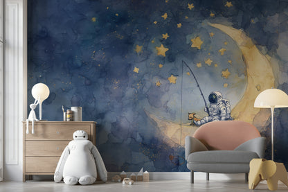 Astronotlu Ay ve Yıldızlı Poster Duvar Kağıdı Çocuk Odası