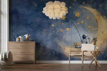 Astronotlu Ay ve Yıldızlı Poster Duvar Kağıdı Çocuk Odası