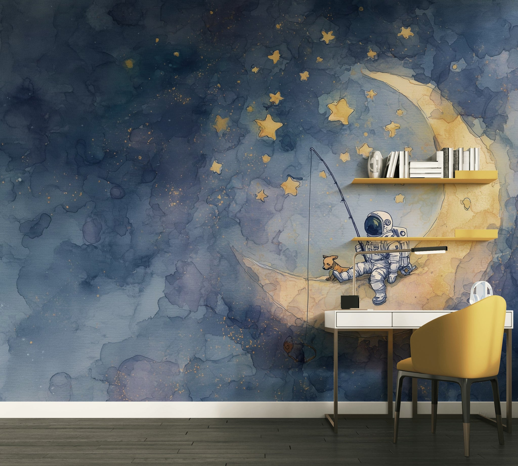 Astronotlu Ay ve Yıldızlı Poster Duvar Kağıdı Çocuk Odası