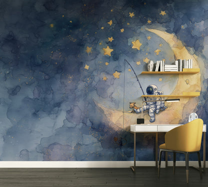 Astronotlu Ay ve Yıldızlı Poster Duvar Kağıdı Çocuk Odası