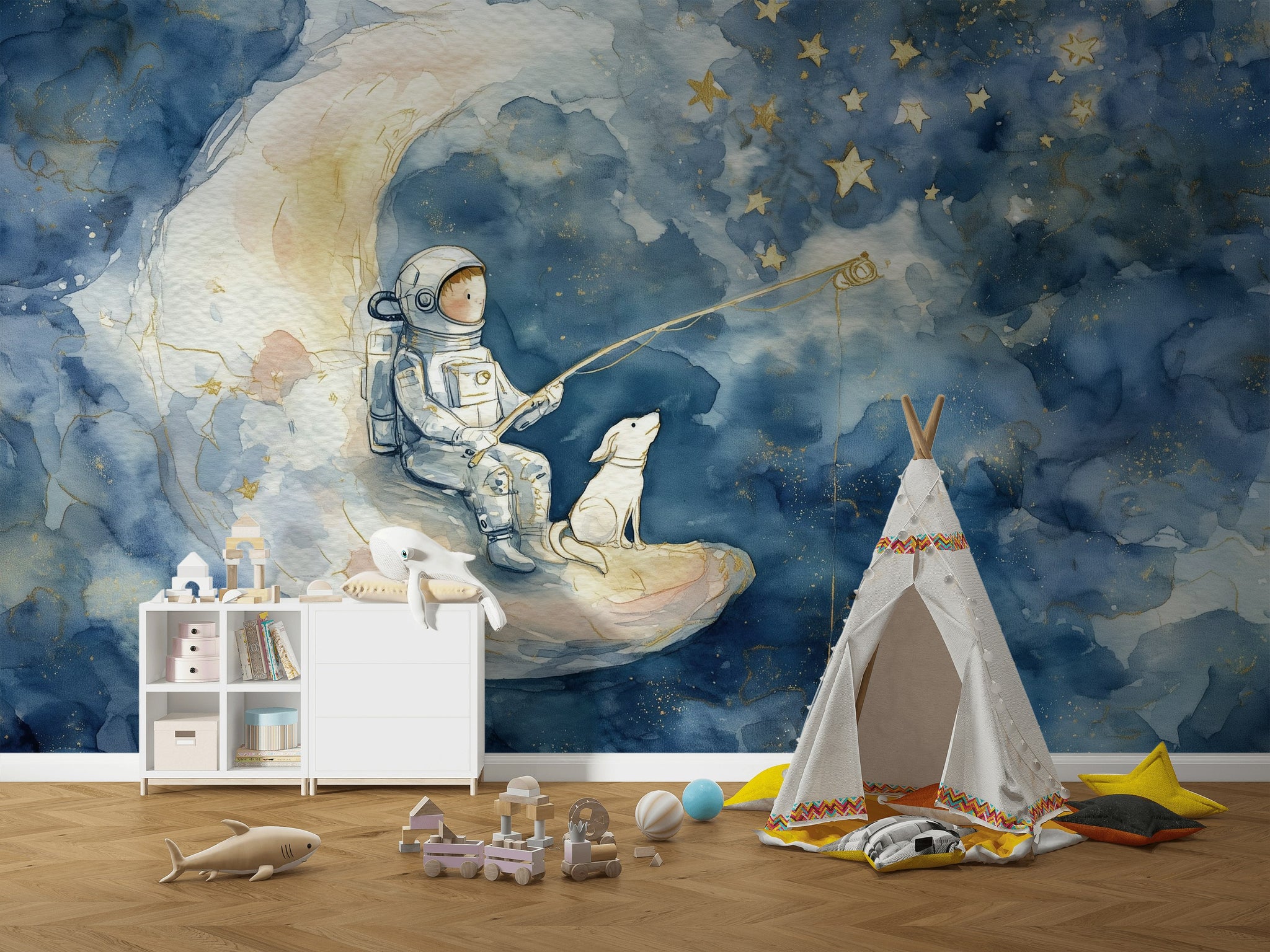 Astronot ve Ay Poster Duvar Kağıdı Lacivert Çocuk Odası