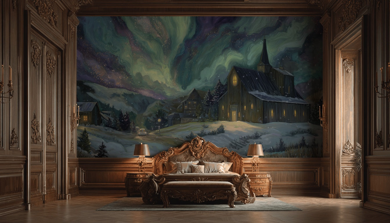 Kuzey Işıkları Manzaralı Poster Duvar Kağıdı Yeşil Mor Gece