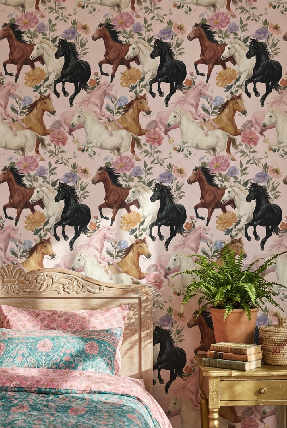 Çiçekli At Desenli Duvar Kağıdı Pudra Pembe Çocuk Odası