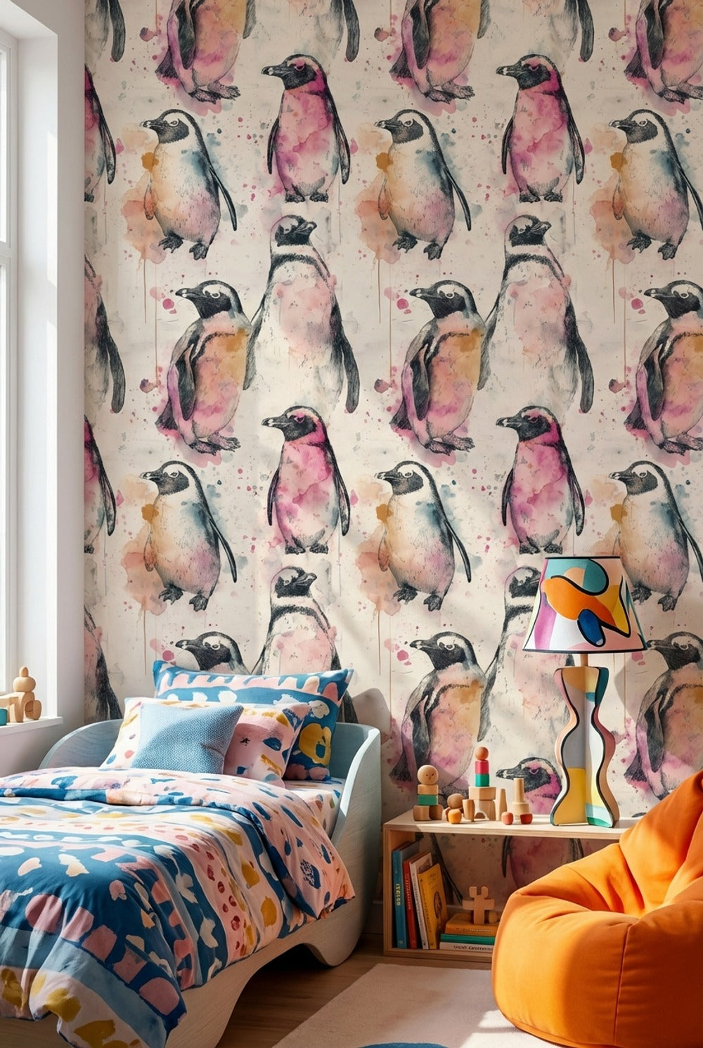Suluboya Penguen Desenli Duvar Kağıdı Pembe Çocuk Odası