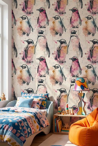 Suluboya Penguen Desenli Duvar Kağıdı Pembe Çocuk Odası