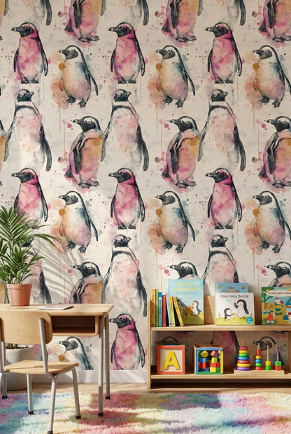 Suluboya Penguen Desenli Duvar Kağıdı Pembe Çocuk Odası