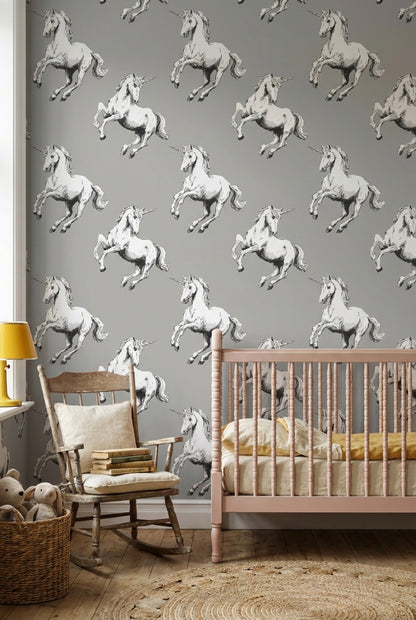 Unicorn Desenli Duvar Kağıdı Gri Zemin Çocuk Odası