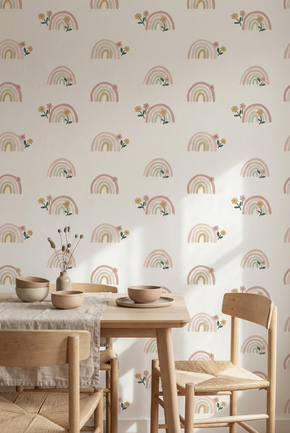 Pastel Gökkuşağı Duvar Kağıdı Çiçek Detaylı Çocuk Odası