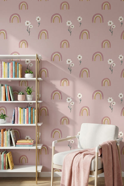 Gökkuşağı ve Çiçek Desenli Duvar Kağıdı Pembe Çocuk Odası