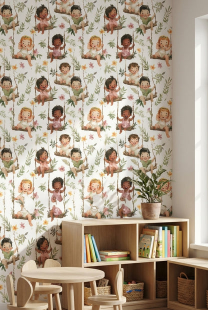 Sallanan Bebek Desenli Duvar Kağıdı Yeşil Çiçekli Çocuk Odası