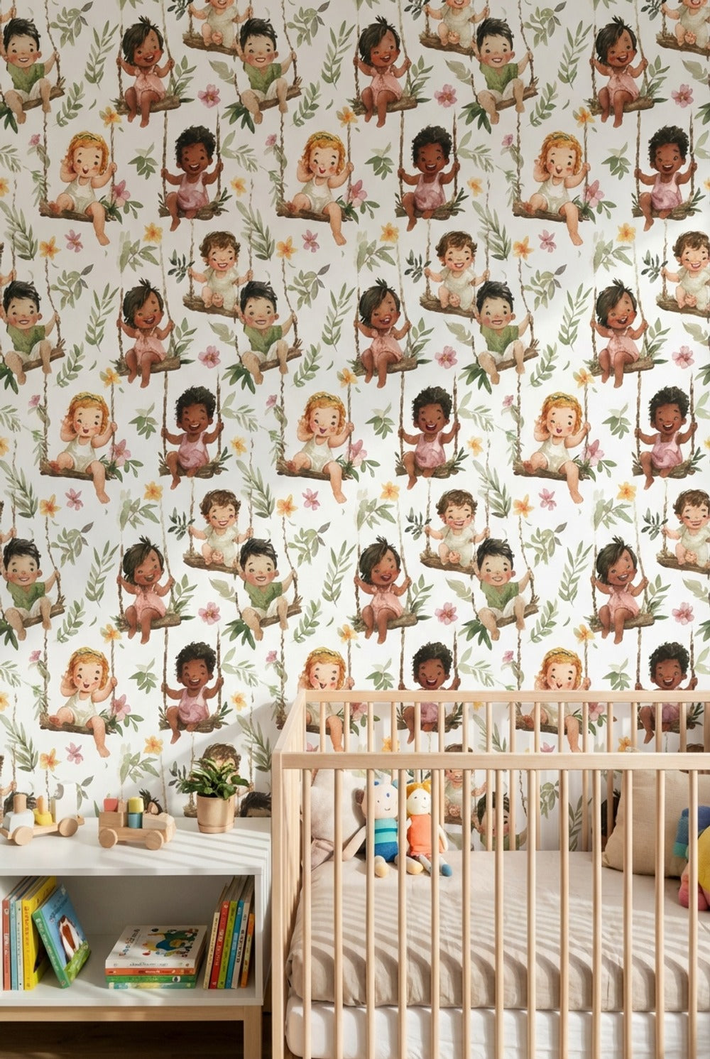 Sallanan Bebek Desenli Duvar Kağıdı Yeşil Çiçekli Çocuk Odası