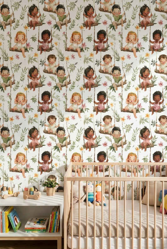 Sallanan Bebek Desenli Duvar Kağıdı Yeşil Çiçekli Çocuk Odası