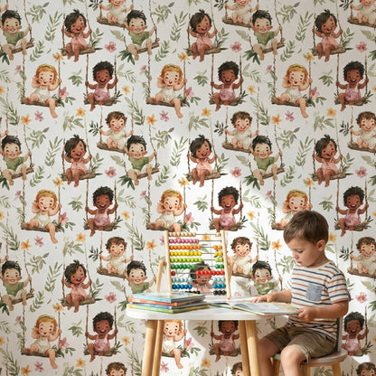 Sallanan Bebek Desenli Duvar Kağıdı Yeşil Çiçekli Çocuk Odası